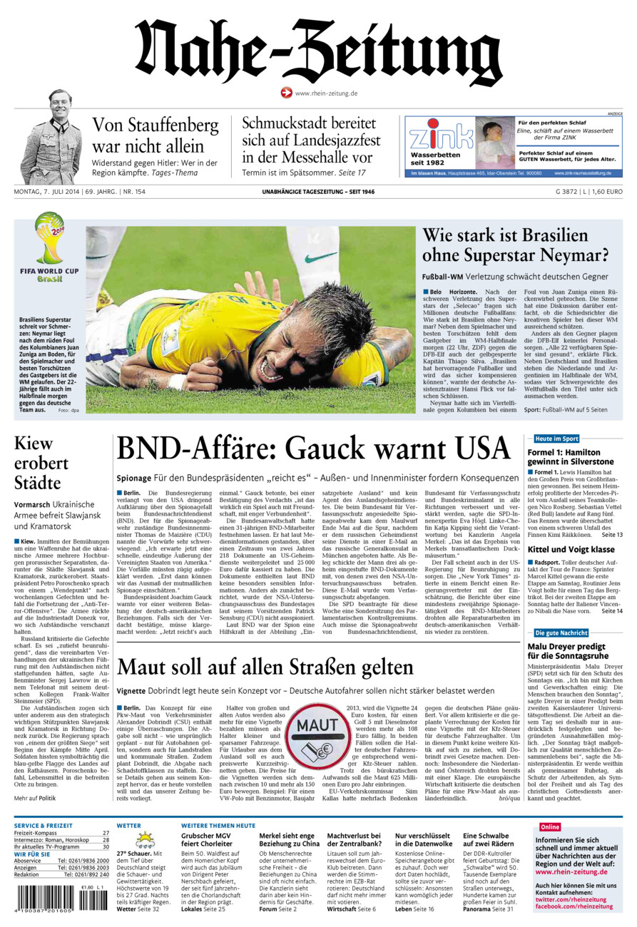 Nahe-Zeitung vom Montag, 07.07.2014