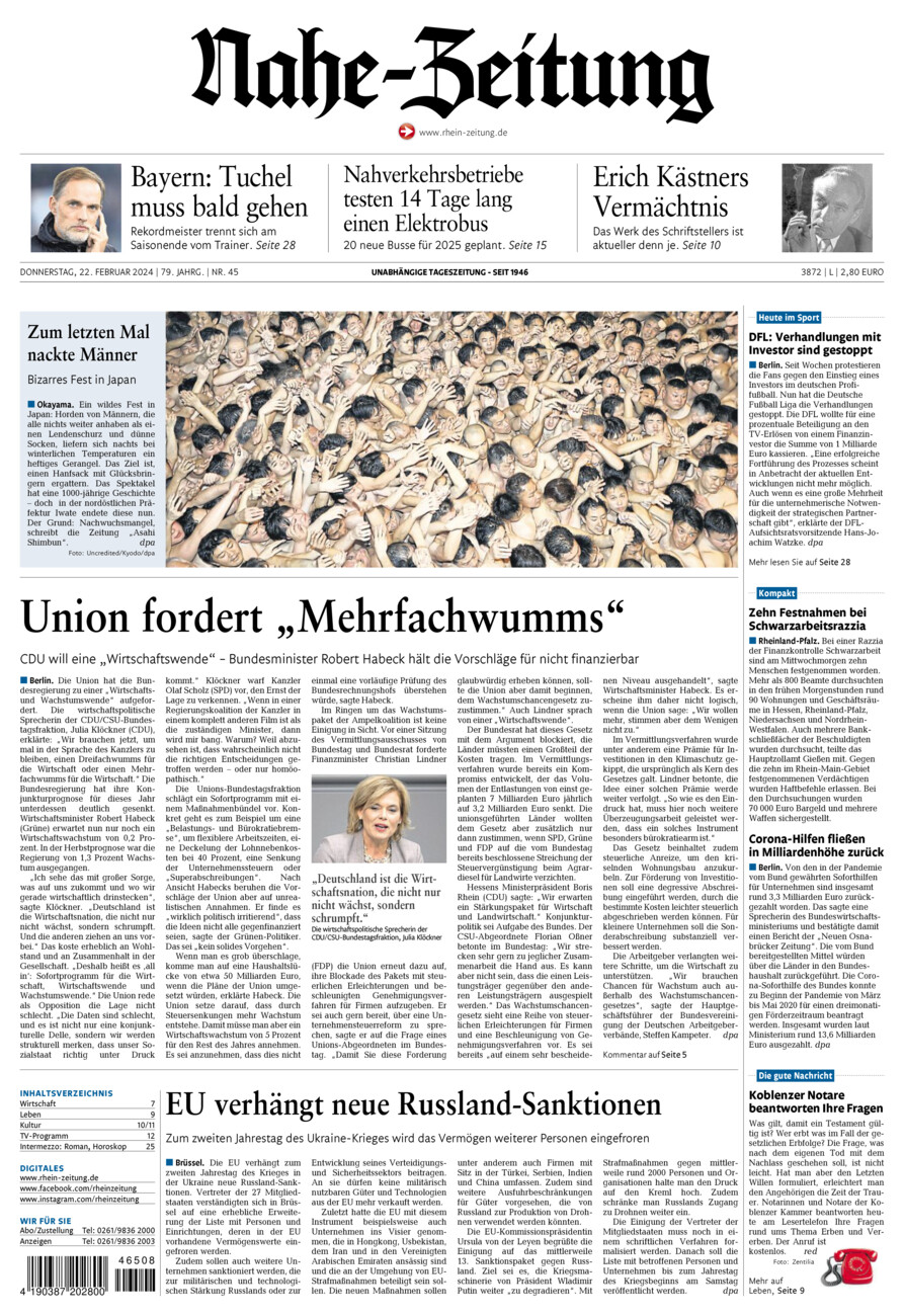Nahe-Zeitung vom Donnerstag, 22.02.2024