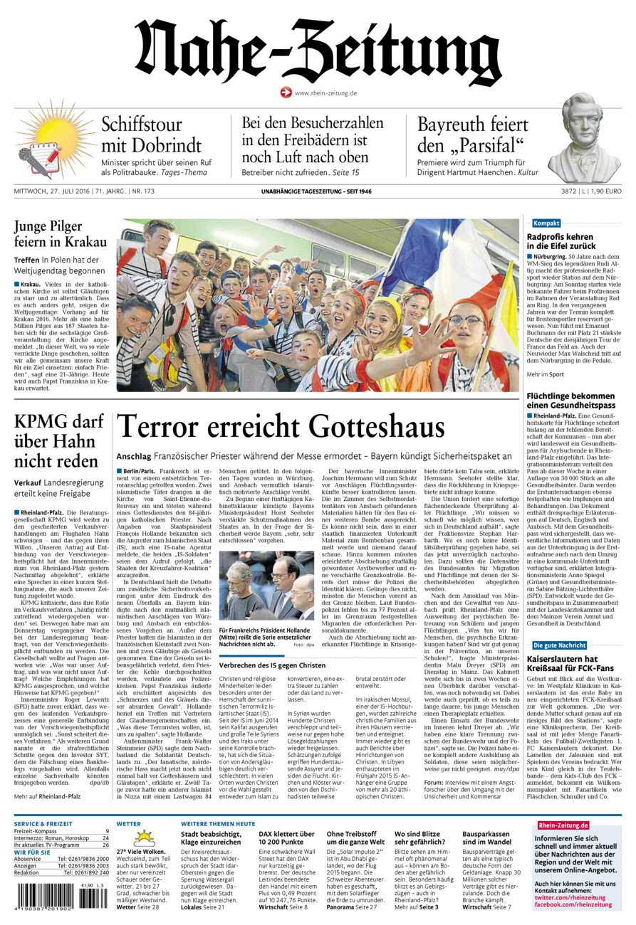 Nahe-Zeitung vom Mittwoch, 27.07.2016