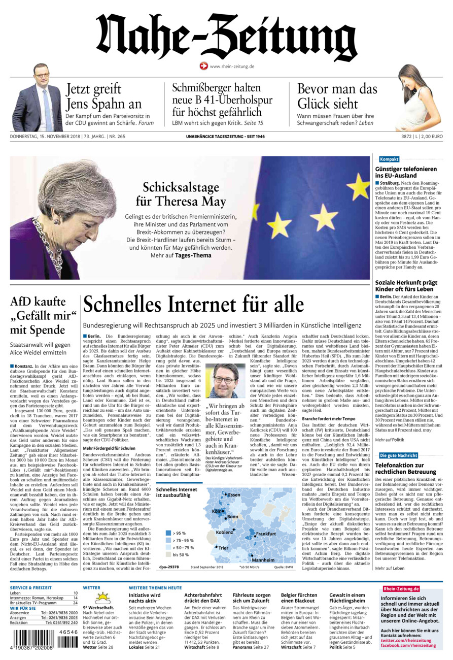 Nahe-Zeitung vom Donnerstag, 15.11.2018