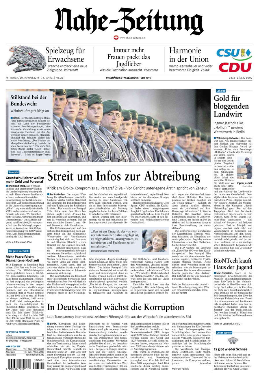 Nahe-Zeitung vom Mittwoch, 30.01.2019