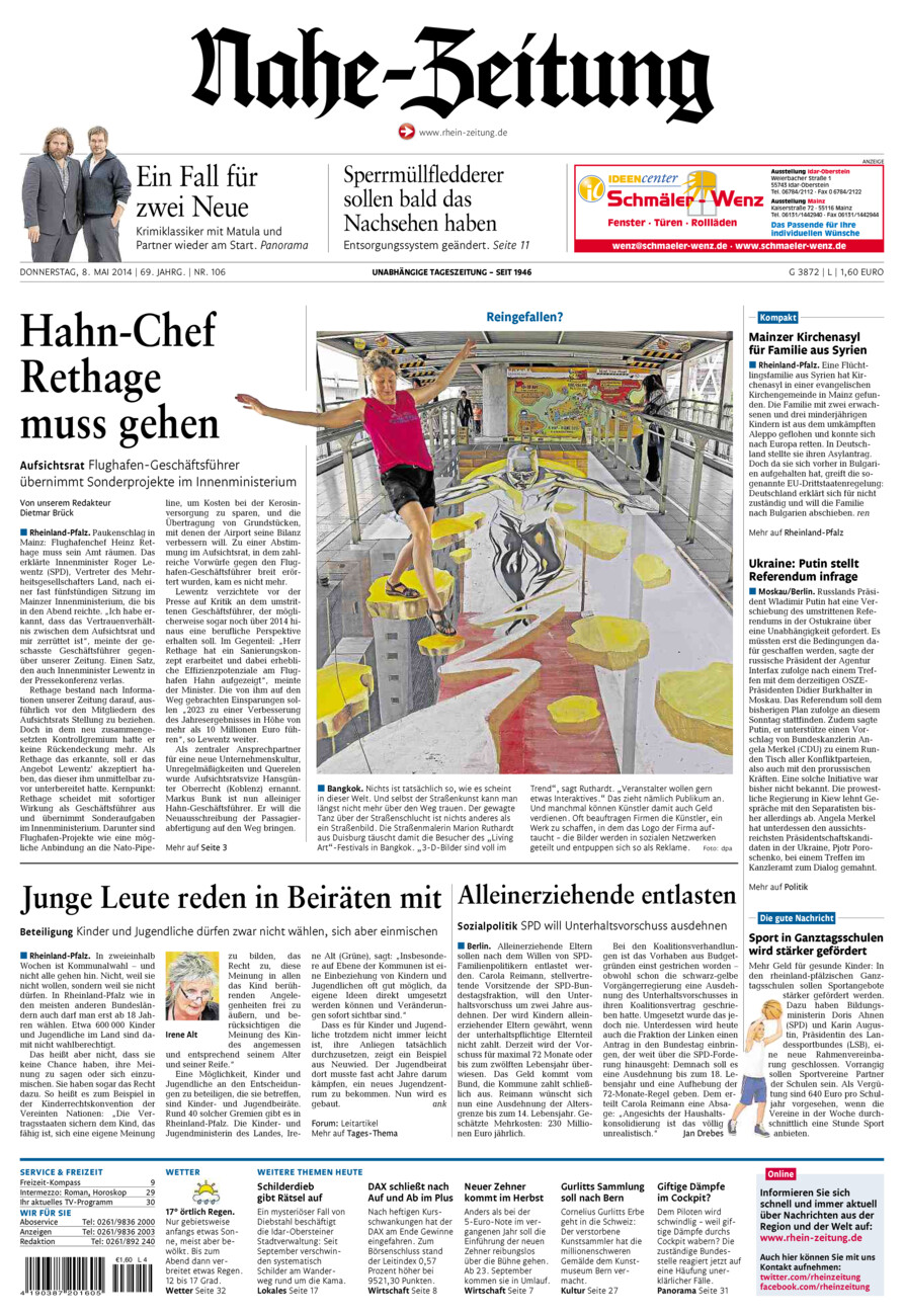 Nahe-Zeitung vom Donnerstag, 08.05.2014