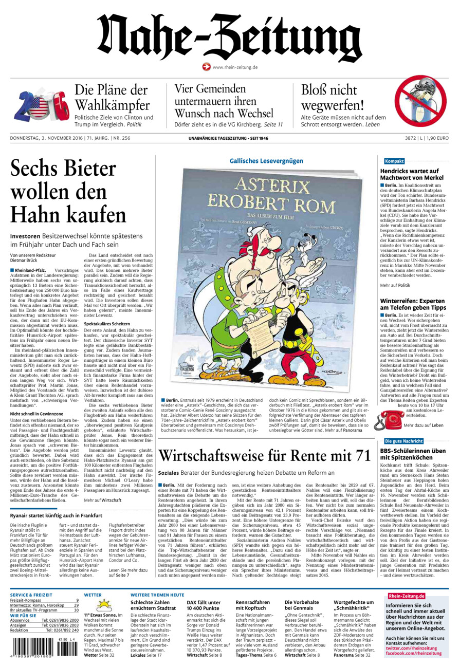 Nahe-Zeitung vom Donnerstag, 03.11.2016
