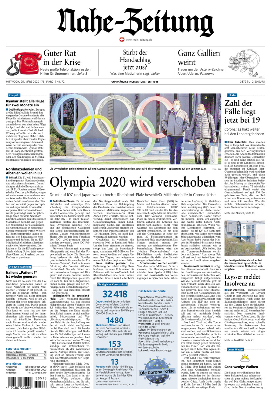 Nahe-Zeitung vom Mittwoch, 25.03.2020