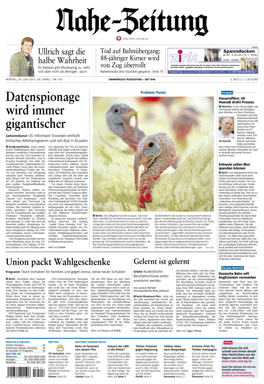 Nahe-Zeitung vom Montag, 24.06.2013