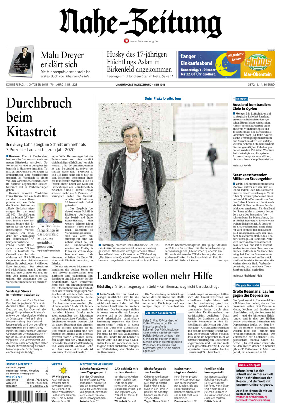 Nahe-Zeitung vom Donnerstag, 01.10.2015