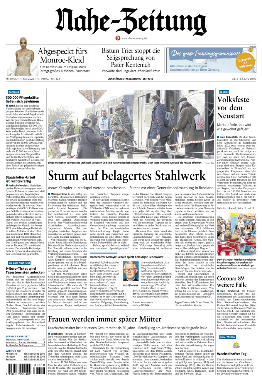 Nahe-Zeitung vom Mittwoch, 04.05.2022