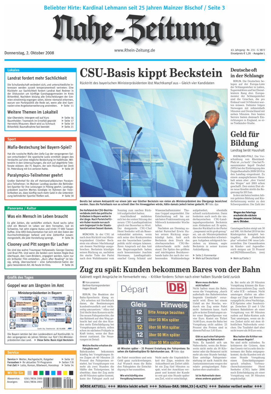 Nahe-Zeitung vom Donnerstag, 02.10.2008