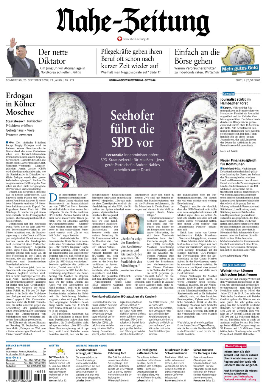 Nahe-Zeitung vom Donnerstag, 20.09.2018