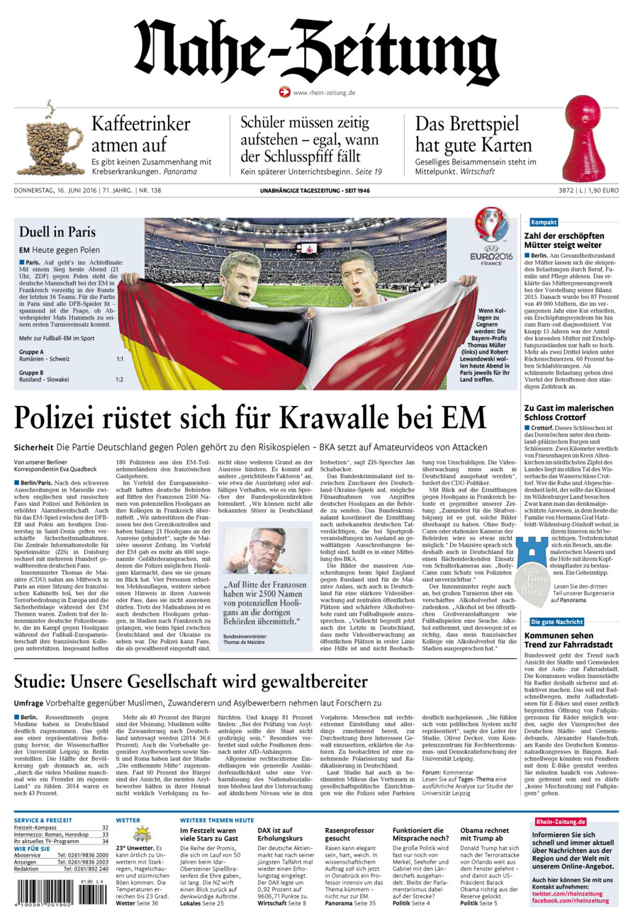 Nahe-Zeitung vom Donnerstag, 16.06.2016