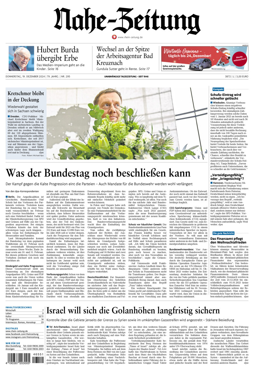 Nahe-Zeitung vom Donnerstag, 19.12.2024