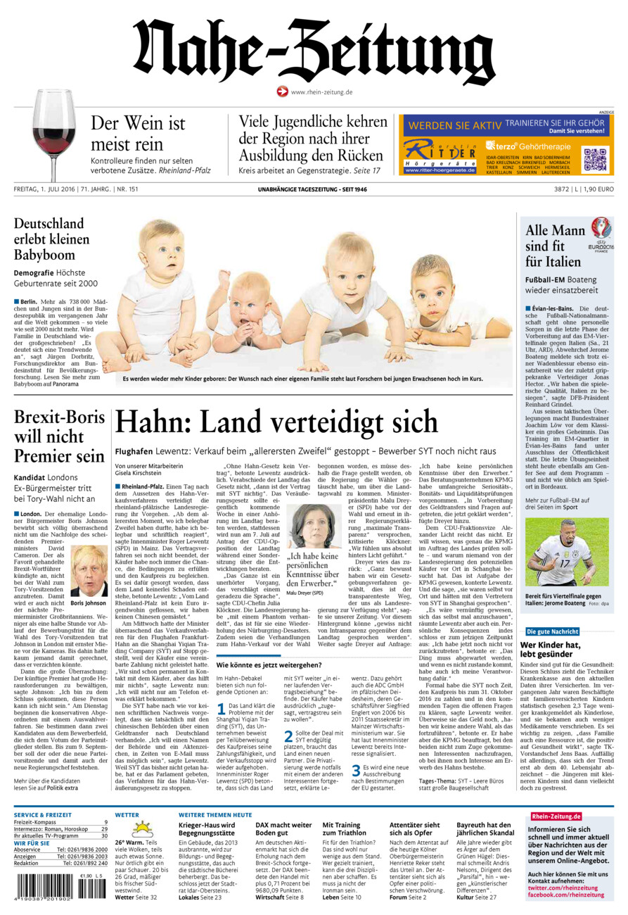Nahe-Zeitung vom Freitag, 01.07.2016