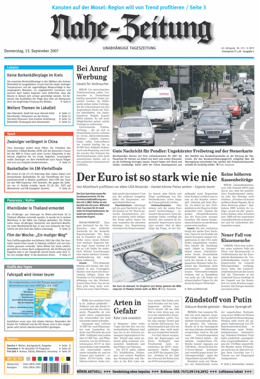 Nahe-Zeitung vom Donnerstag, 13.09.2007