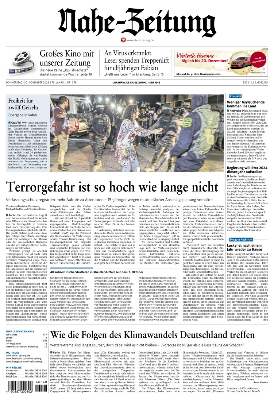 Nahe-Zeitung vom Donnerstag, 30.11.2023