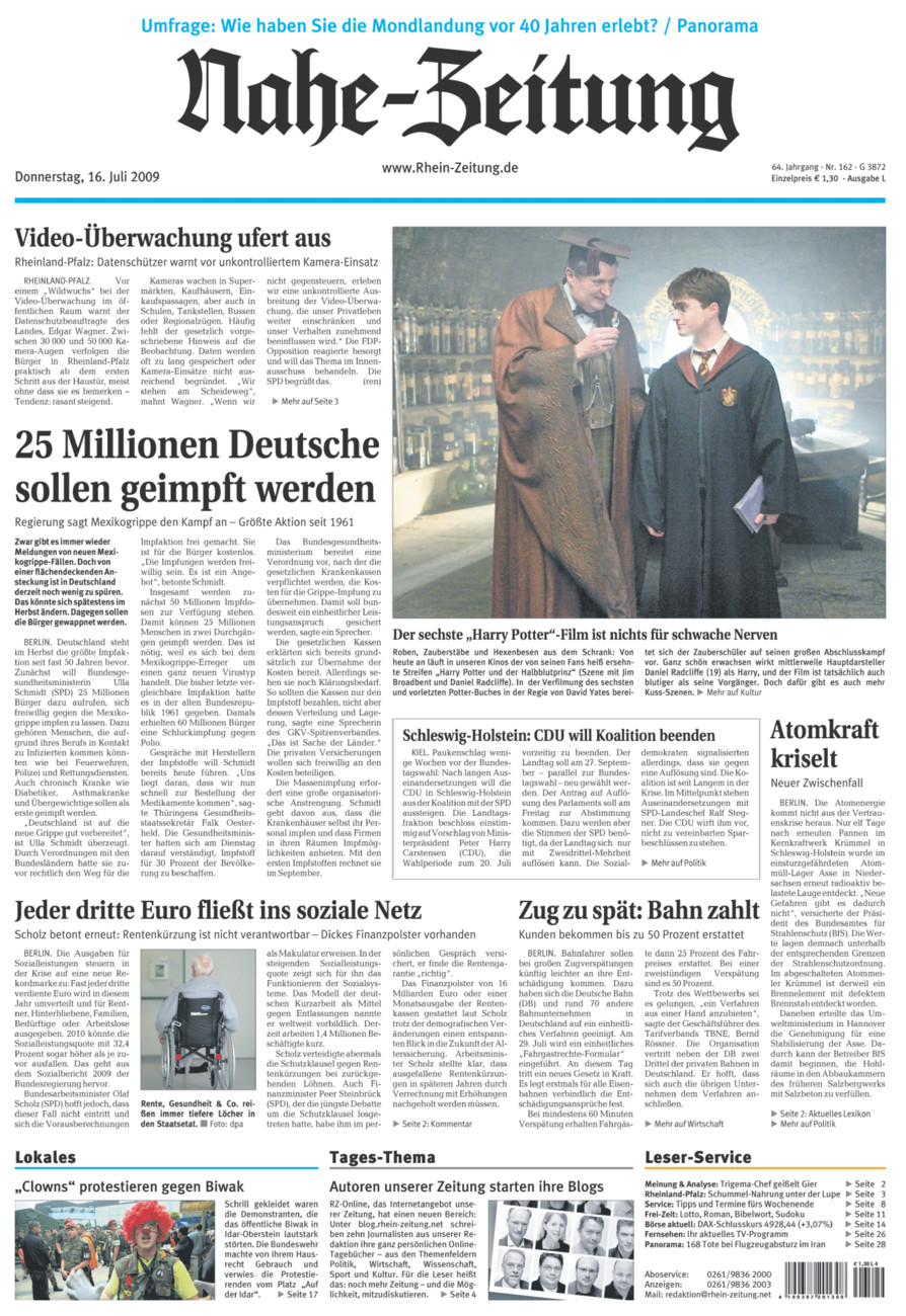 Nahe-Zeitung vom Donnerstag, 16.07.2009