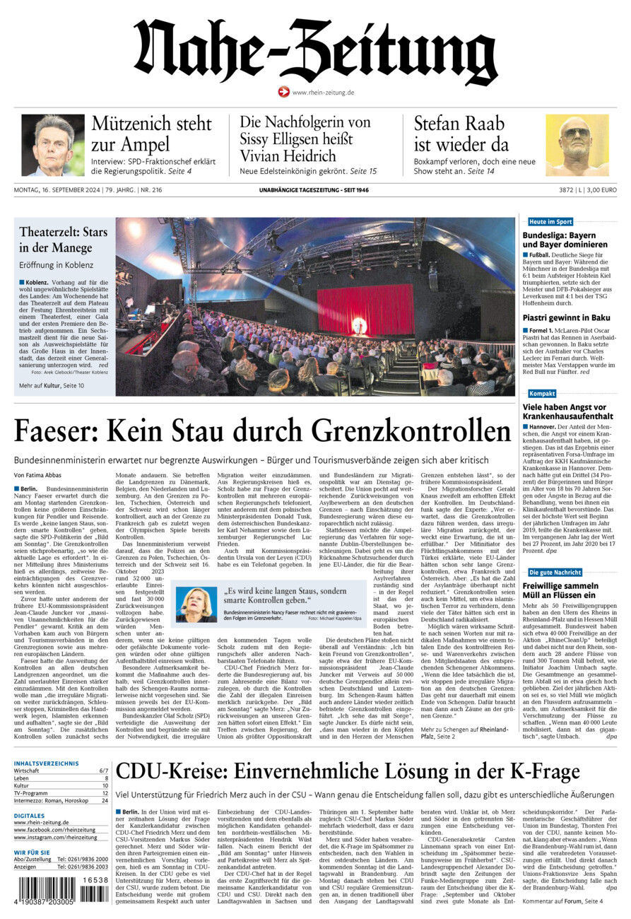 Nahe-Zeitung vom Montag, 16.09.2024