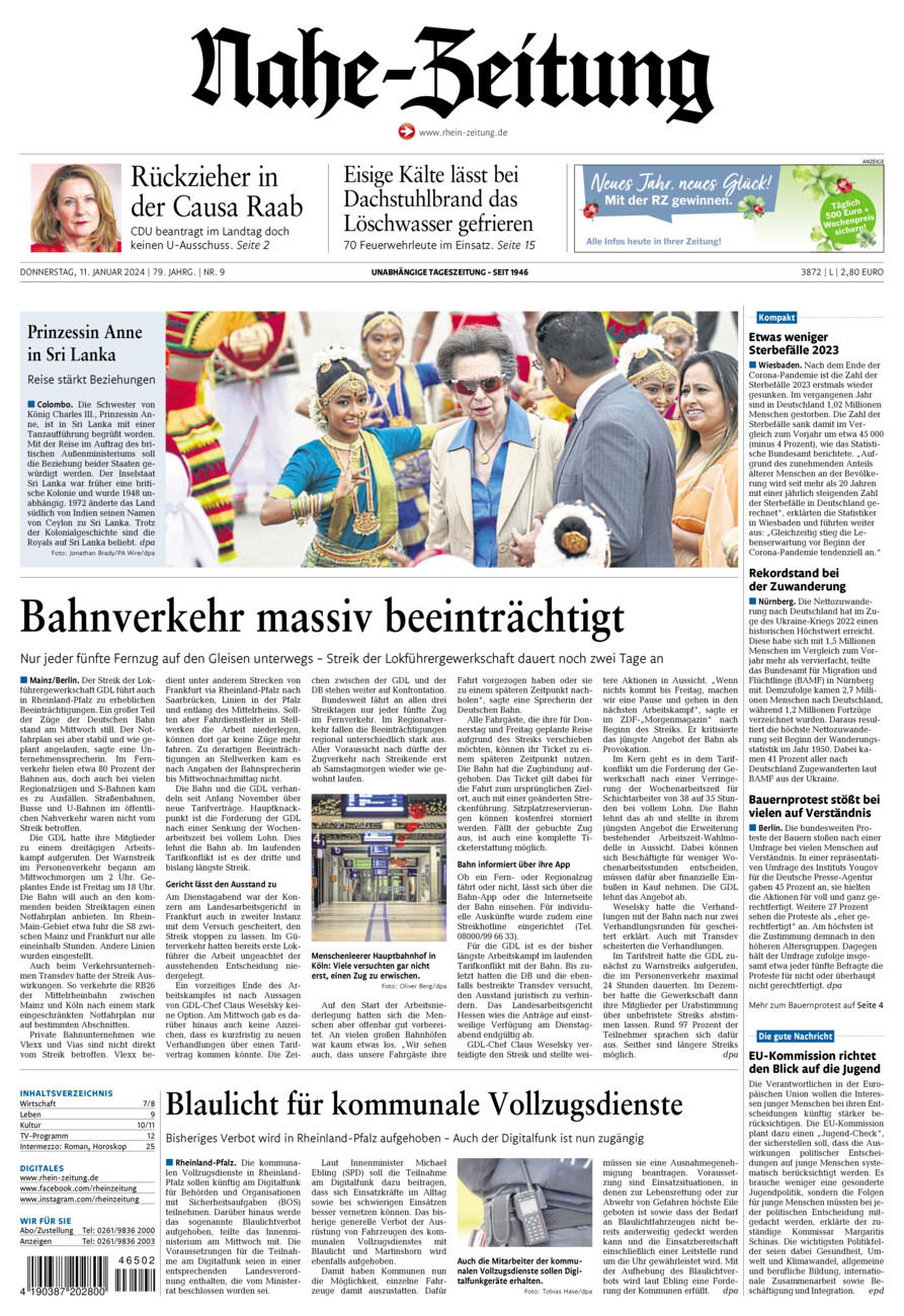 Nahe-Zeitung vom Donnerstag, 11.01.2024