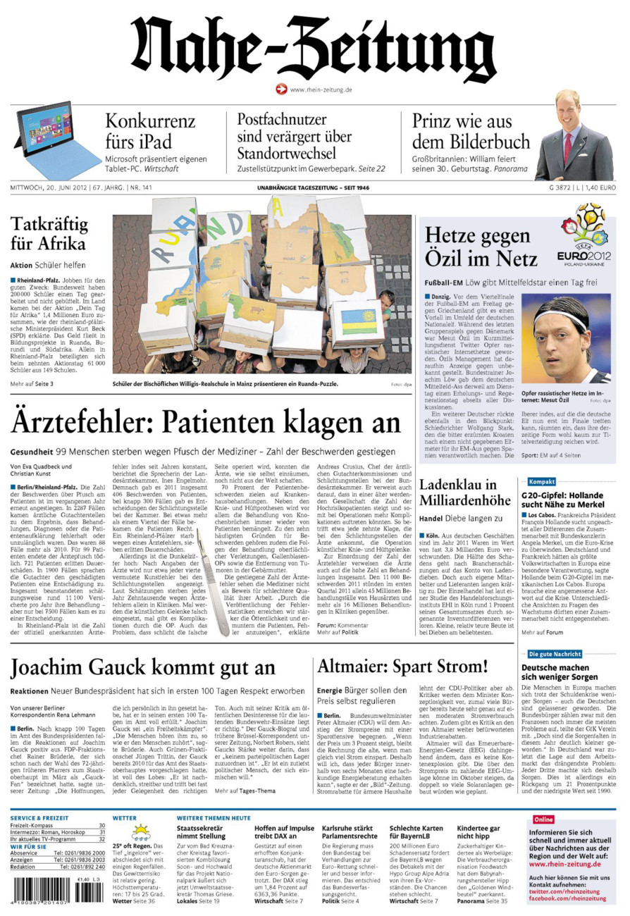Nahe-Zeitung vom Mittwoch, 20.06.2012