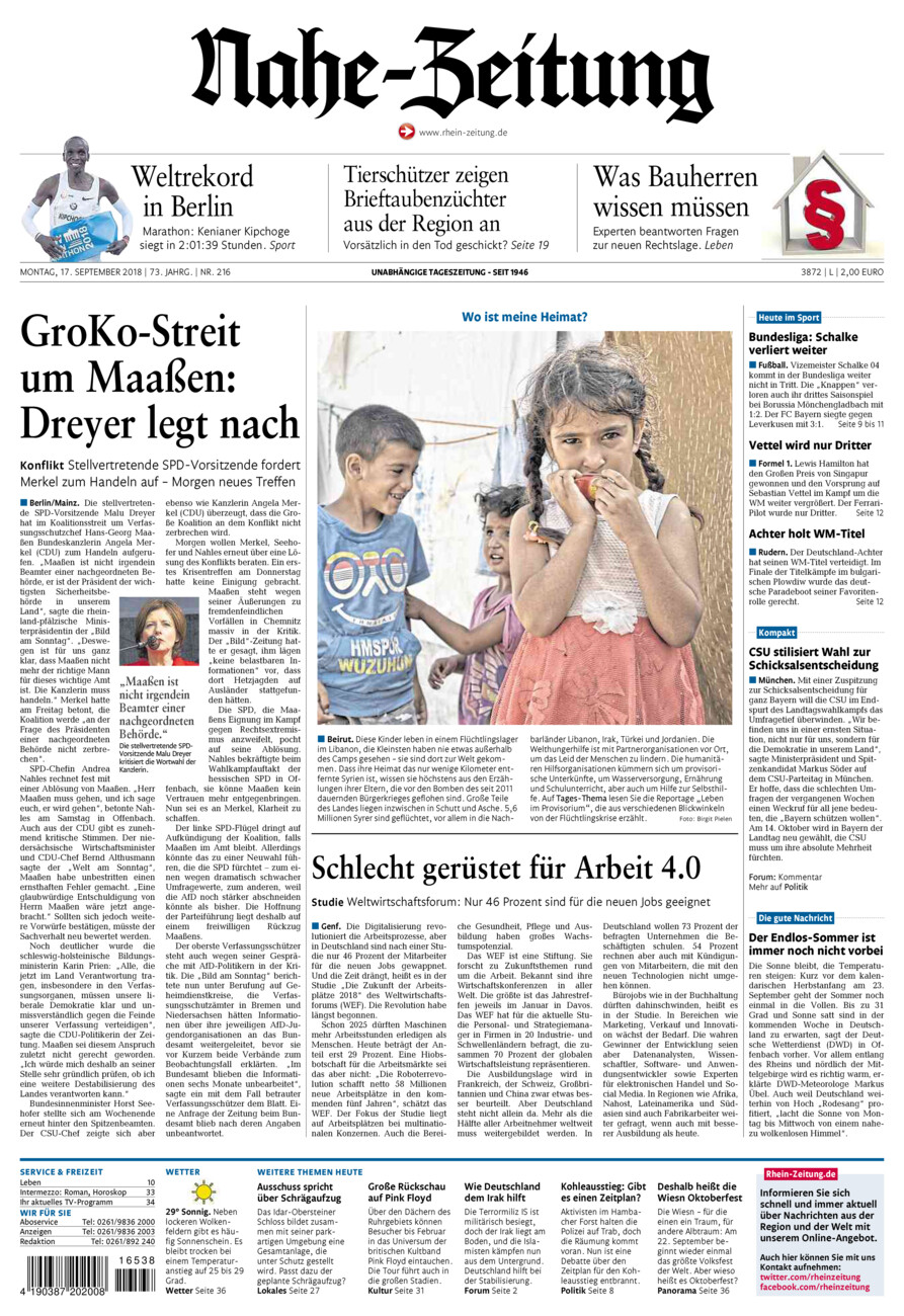 Nahe-Zeitung vom Montag, 17.09.2018