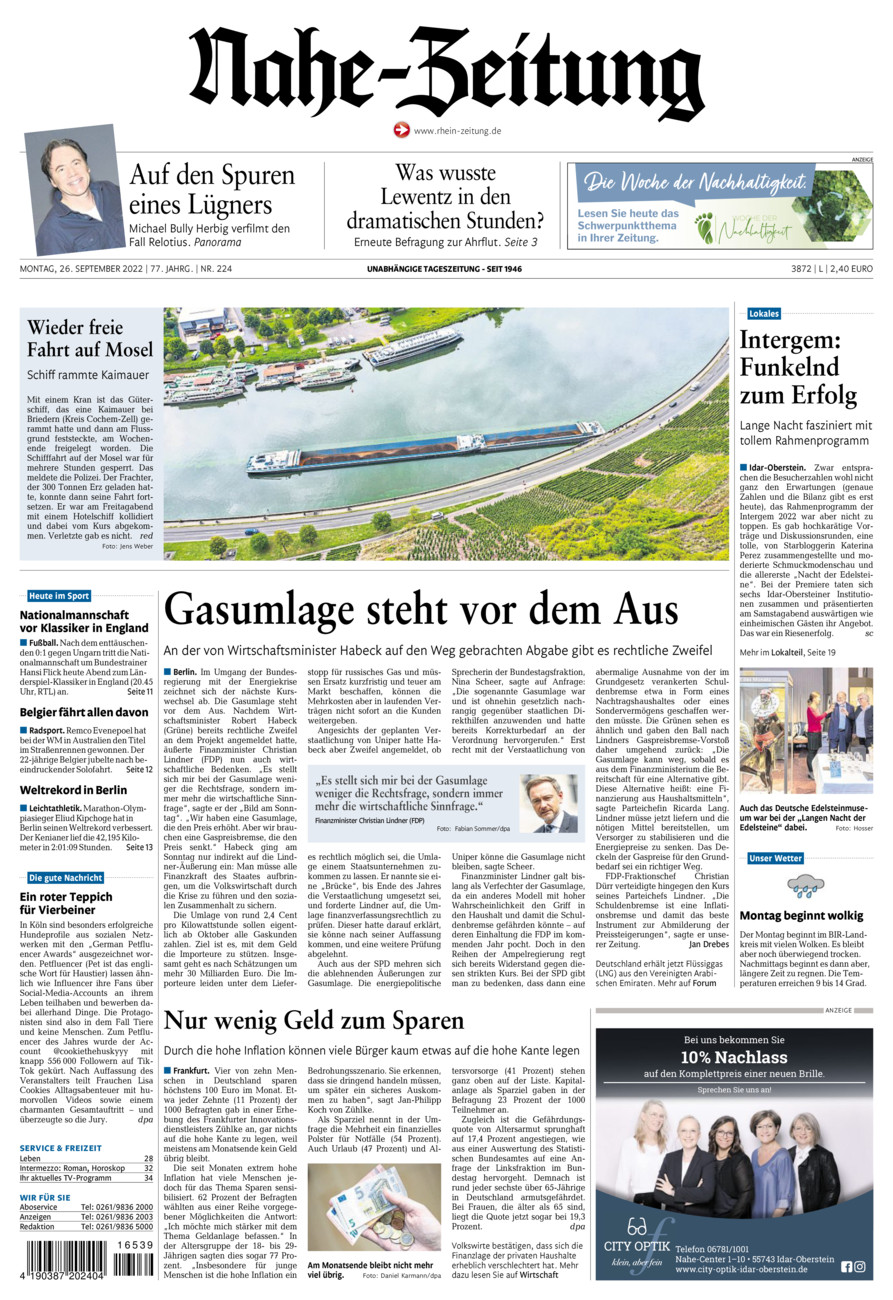 Nahe-Zeitung vom Montag, 26.09.2022