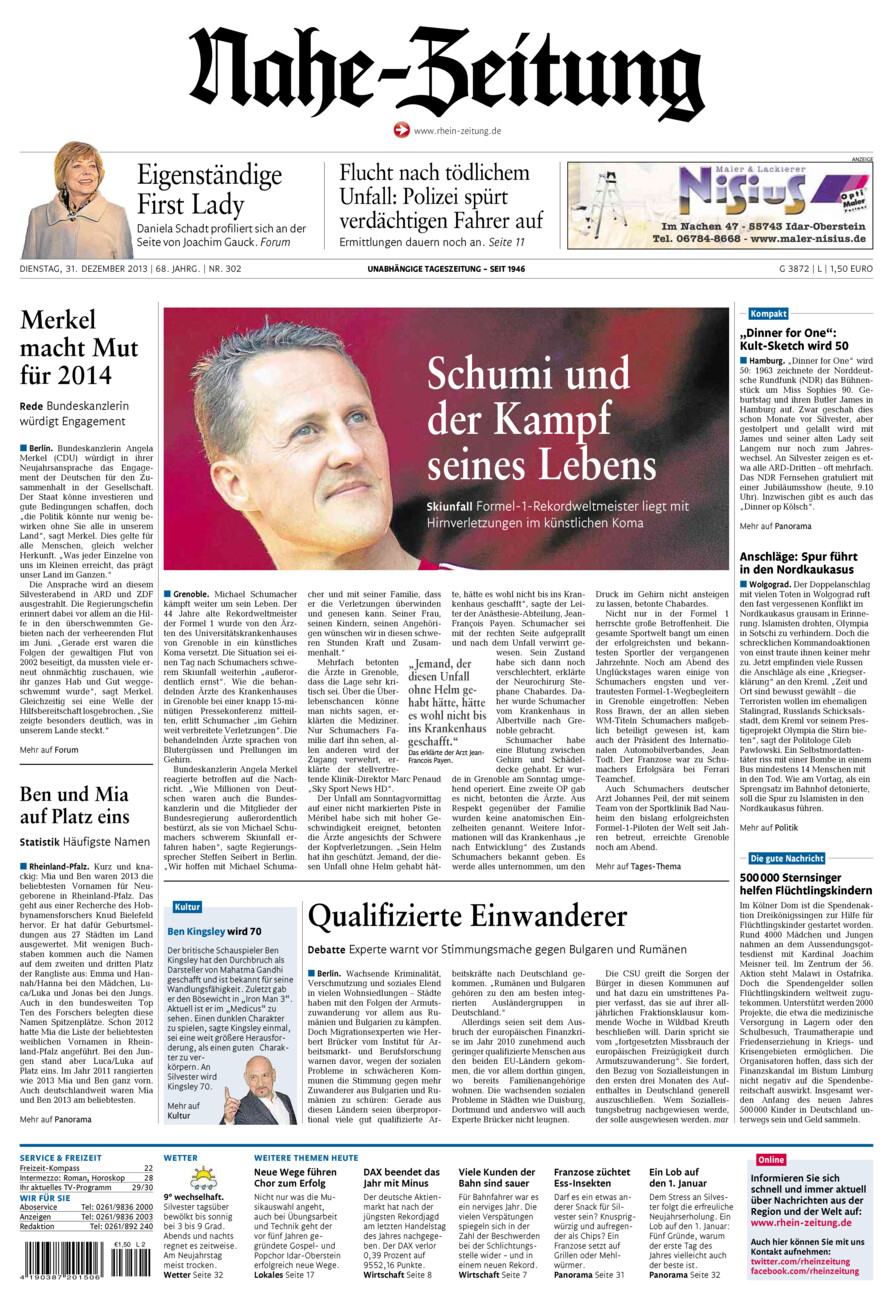 Nahe-Zeitung vom Dienstag, 31.12.2013