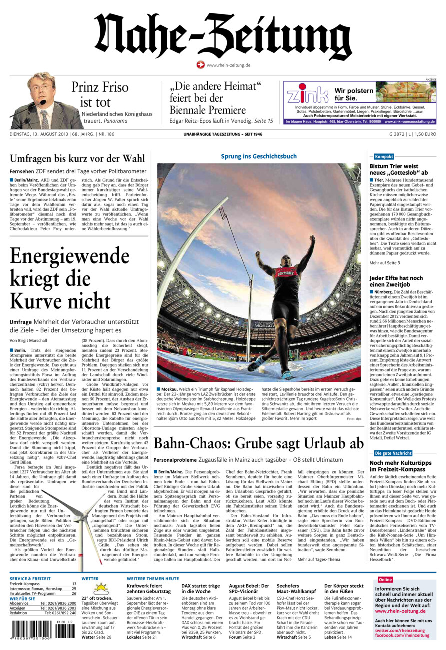 Nahe-Zeitung vom Dienstag, 13.08.2013