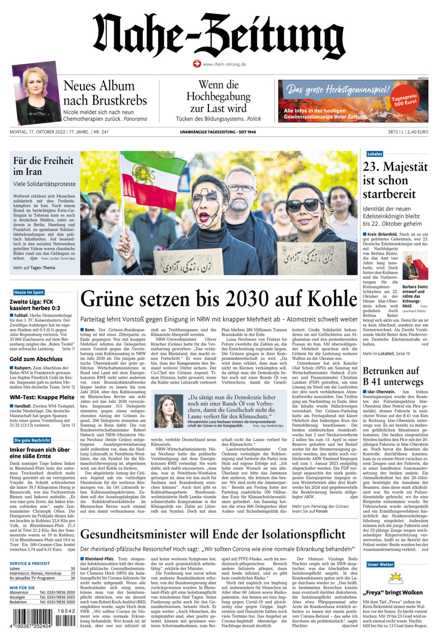 Nahe-Zeitung vom Montag, 17.10.2022