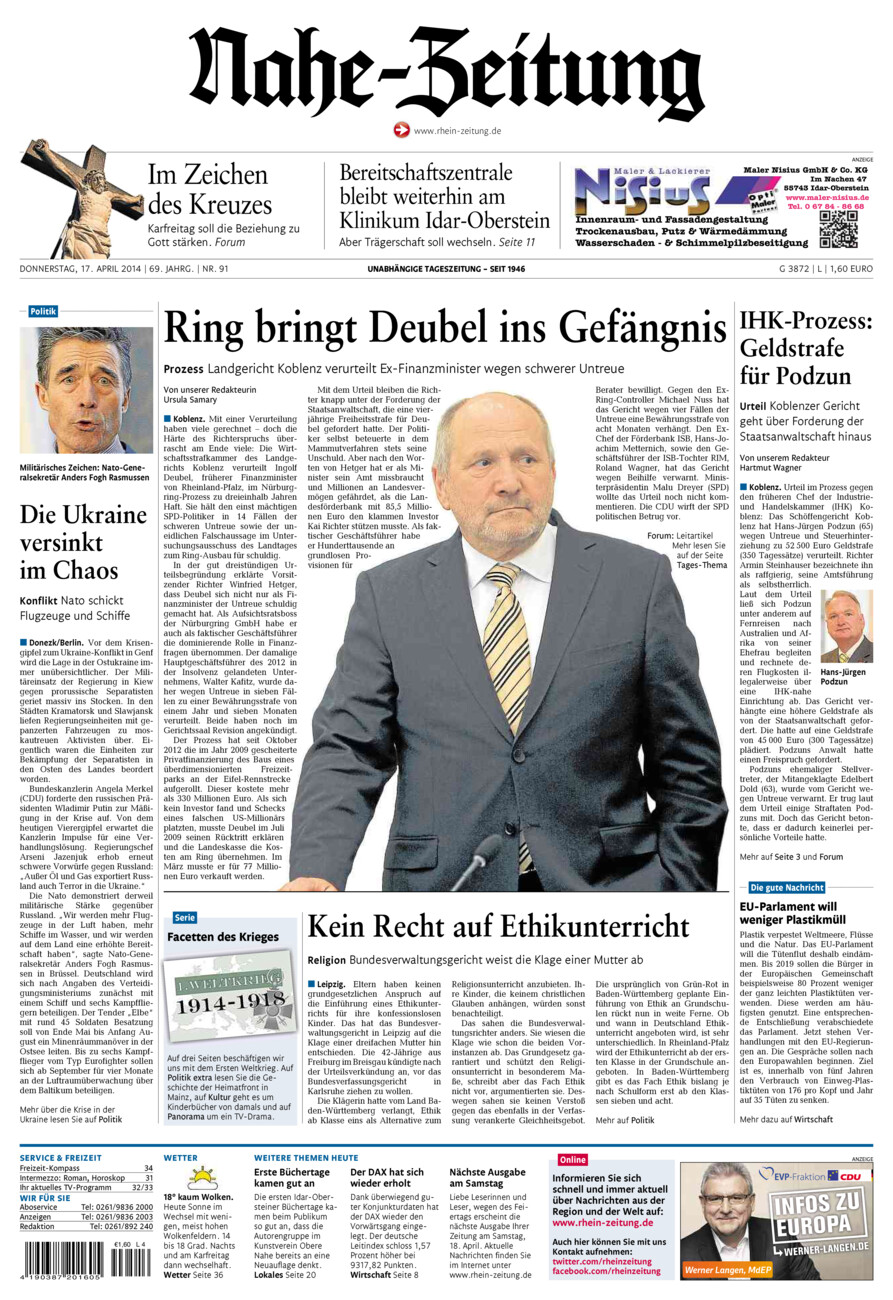 Nahe-Zeitung vom Donnerstag, 17.04.2014