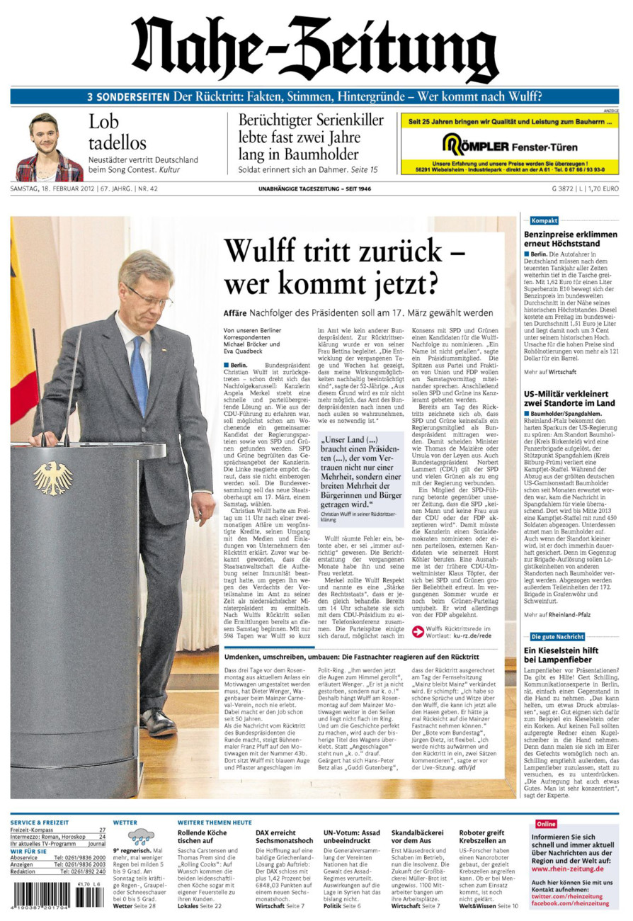 Nahe-Zeitung vom Samstag, 18.02.2012