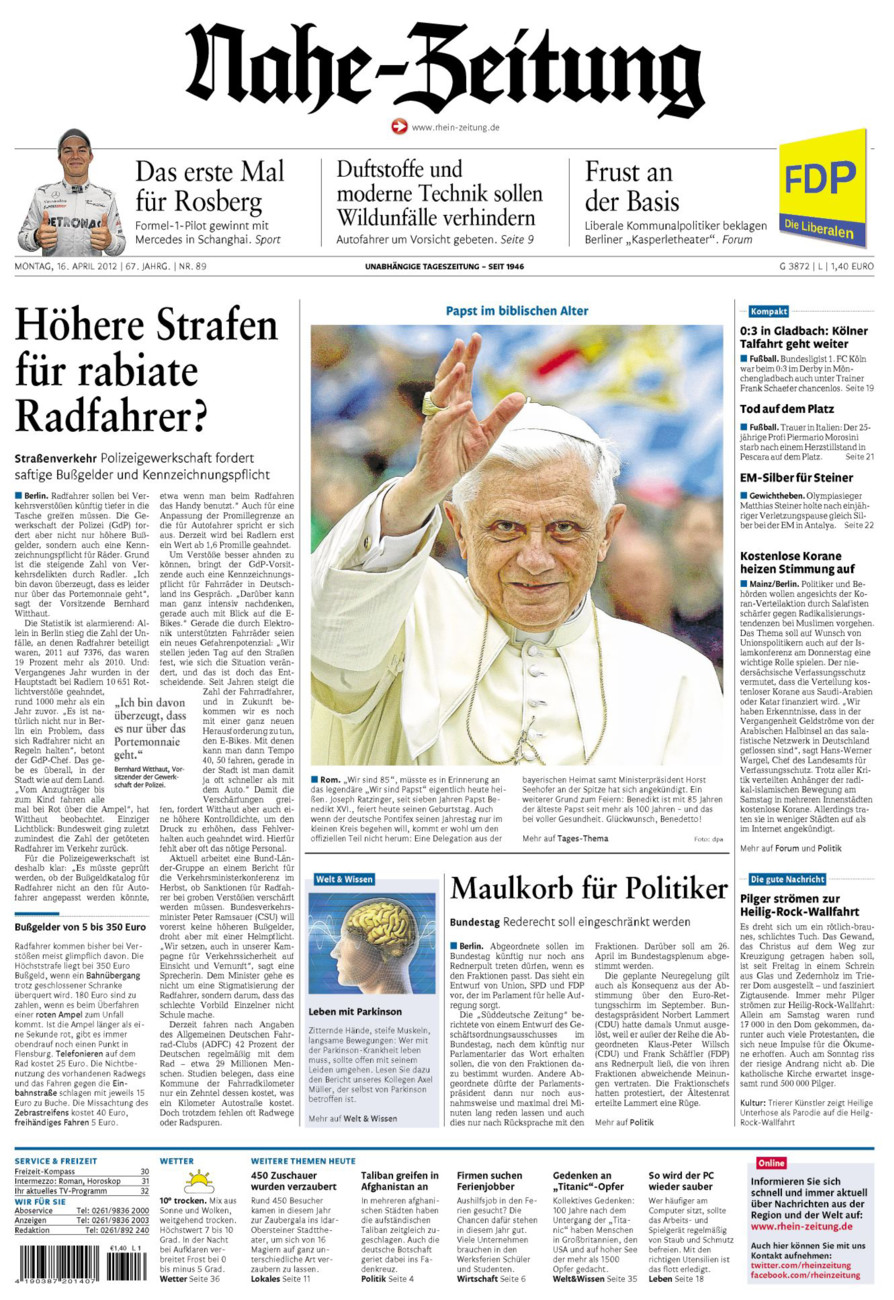 Nahe-Zeitung vom Montag, 16.04.2012