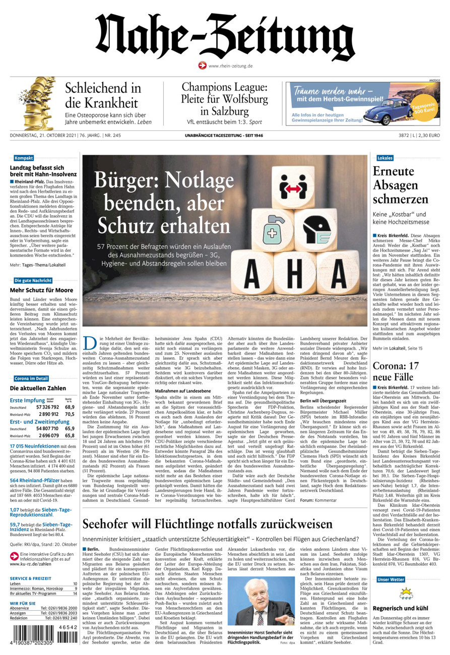 Nahe-Zeitung vom Donnerstag, 21.10.2021