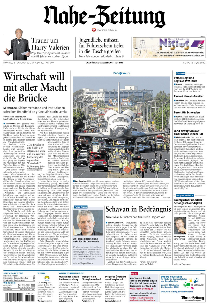 Nahe-Zeitung vom Montag, 15.10.2012
