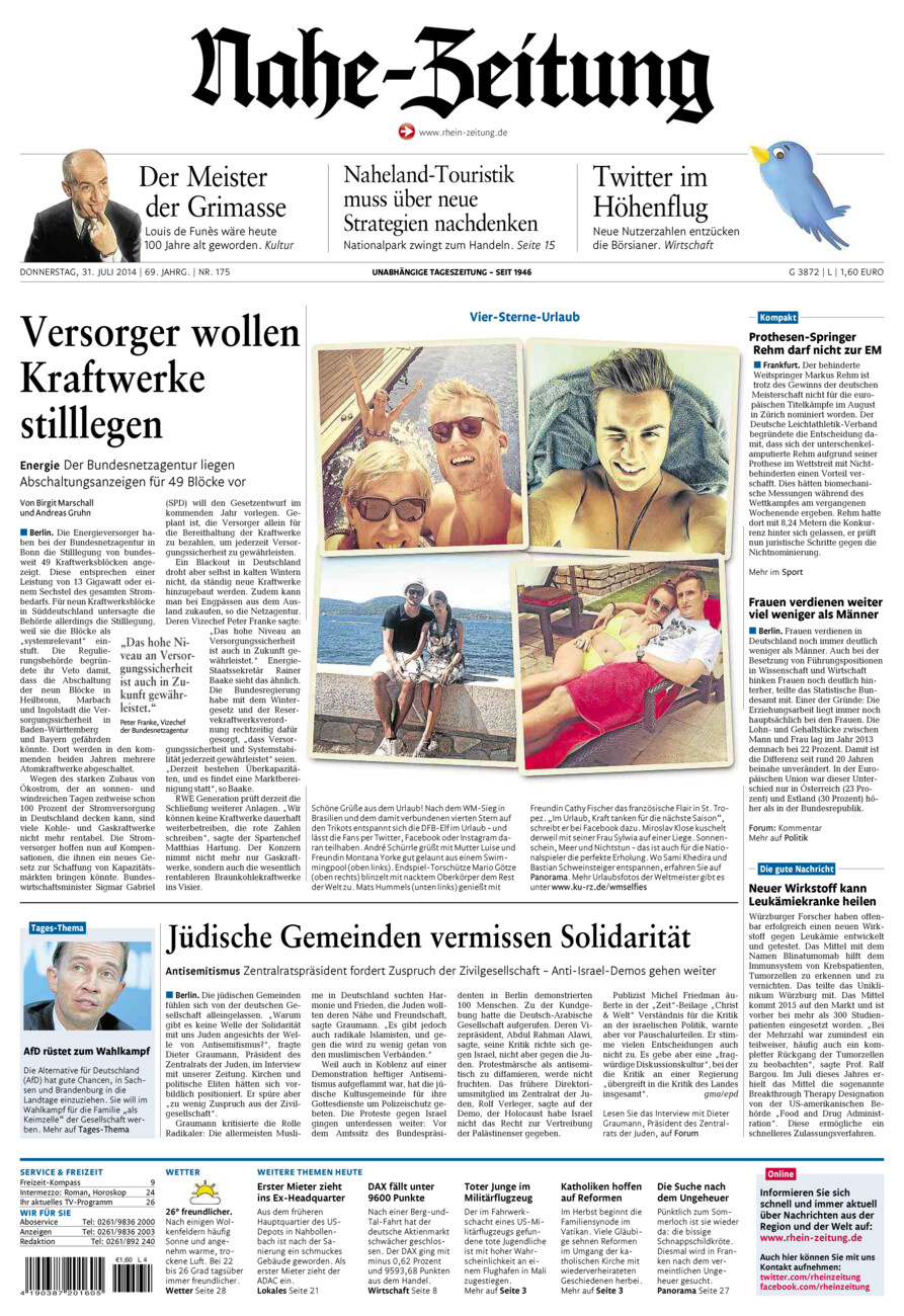 Nahe-Zeitung vom Donnerstag, 31.07.2014