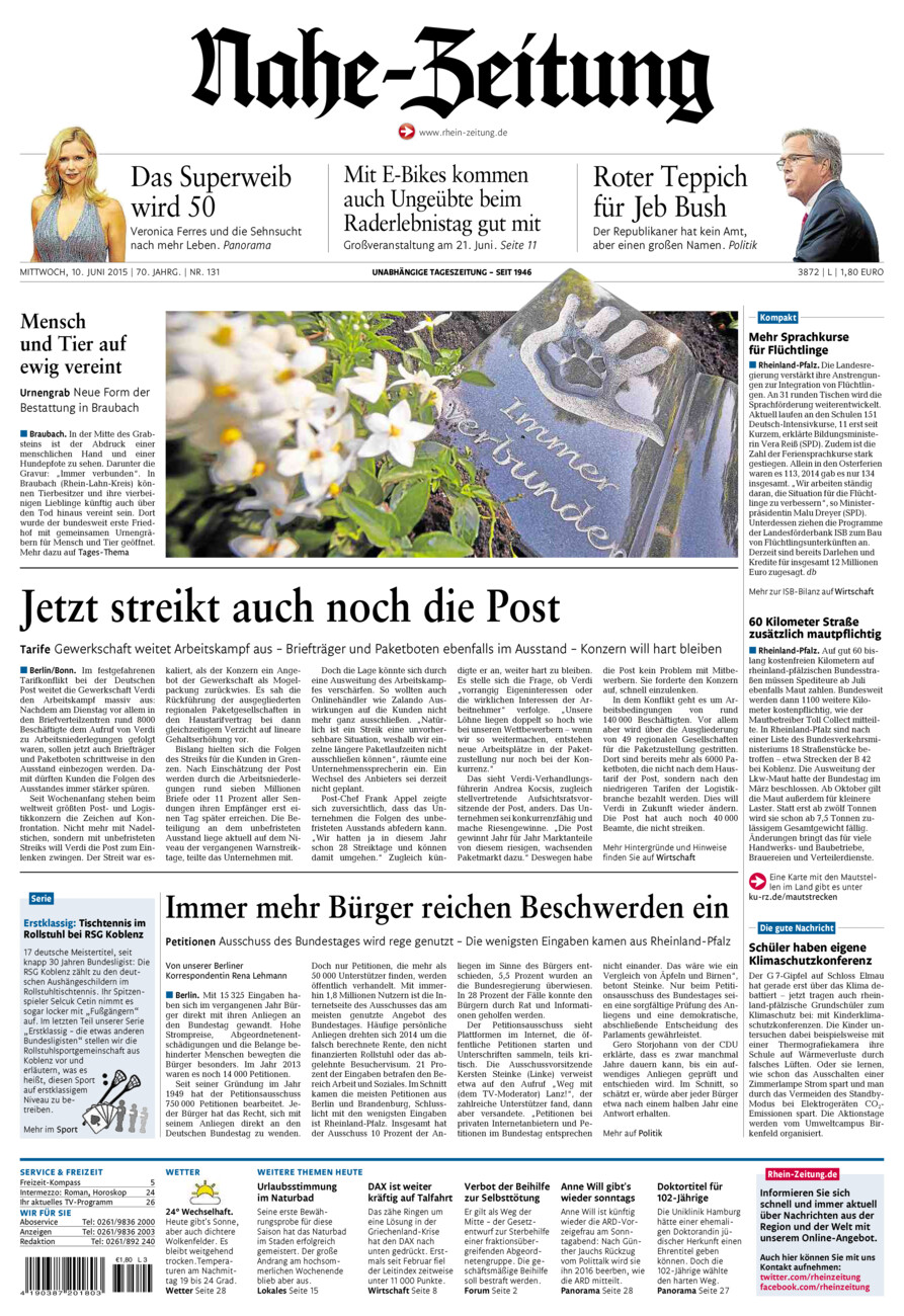 Nahe-Zeitung vom Mittwoch, 10.06.2015