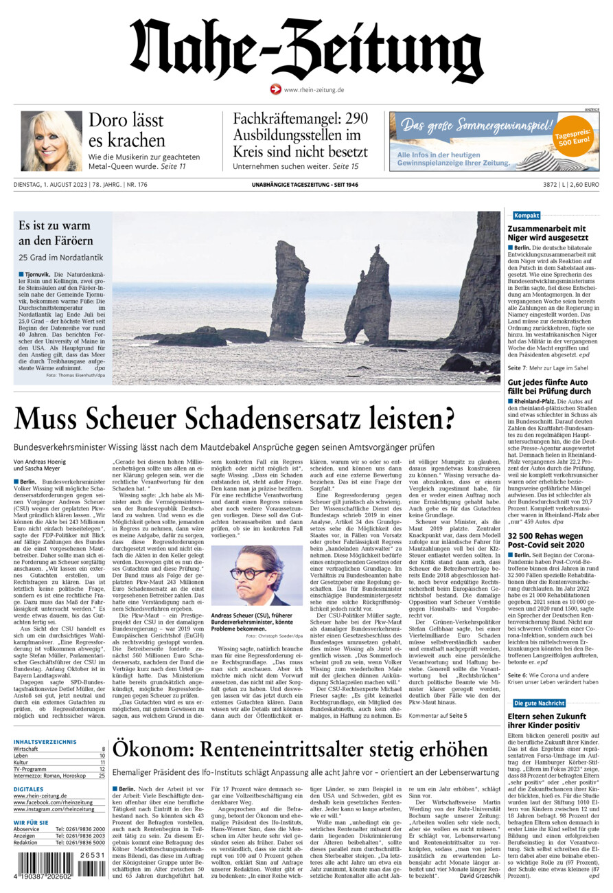 Nahe-Zeitung vom Dienstag, 01.08.2023