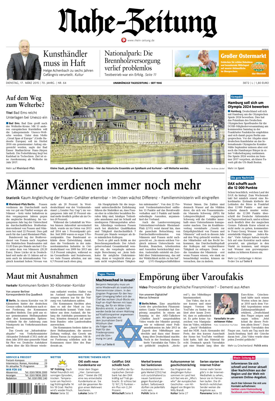 Nahe-Zeitung vom Dienstag, 17.03.2015
