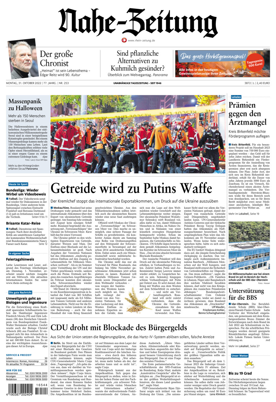 Nahe-Zeitung vom Montag, 31.10.2022