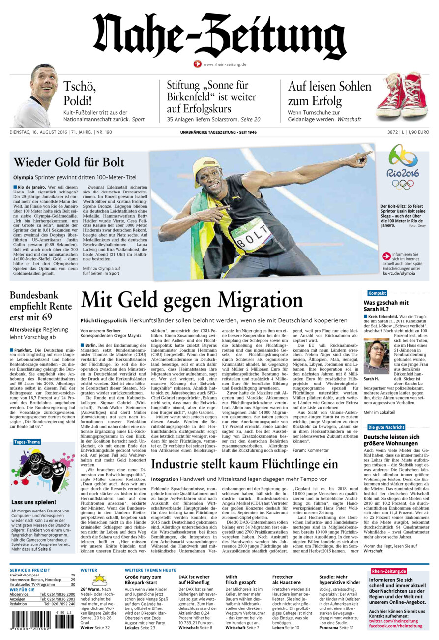 Nahe-Zeitung vom Dienstag, 16.08.2016