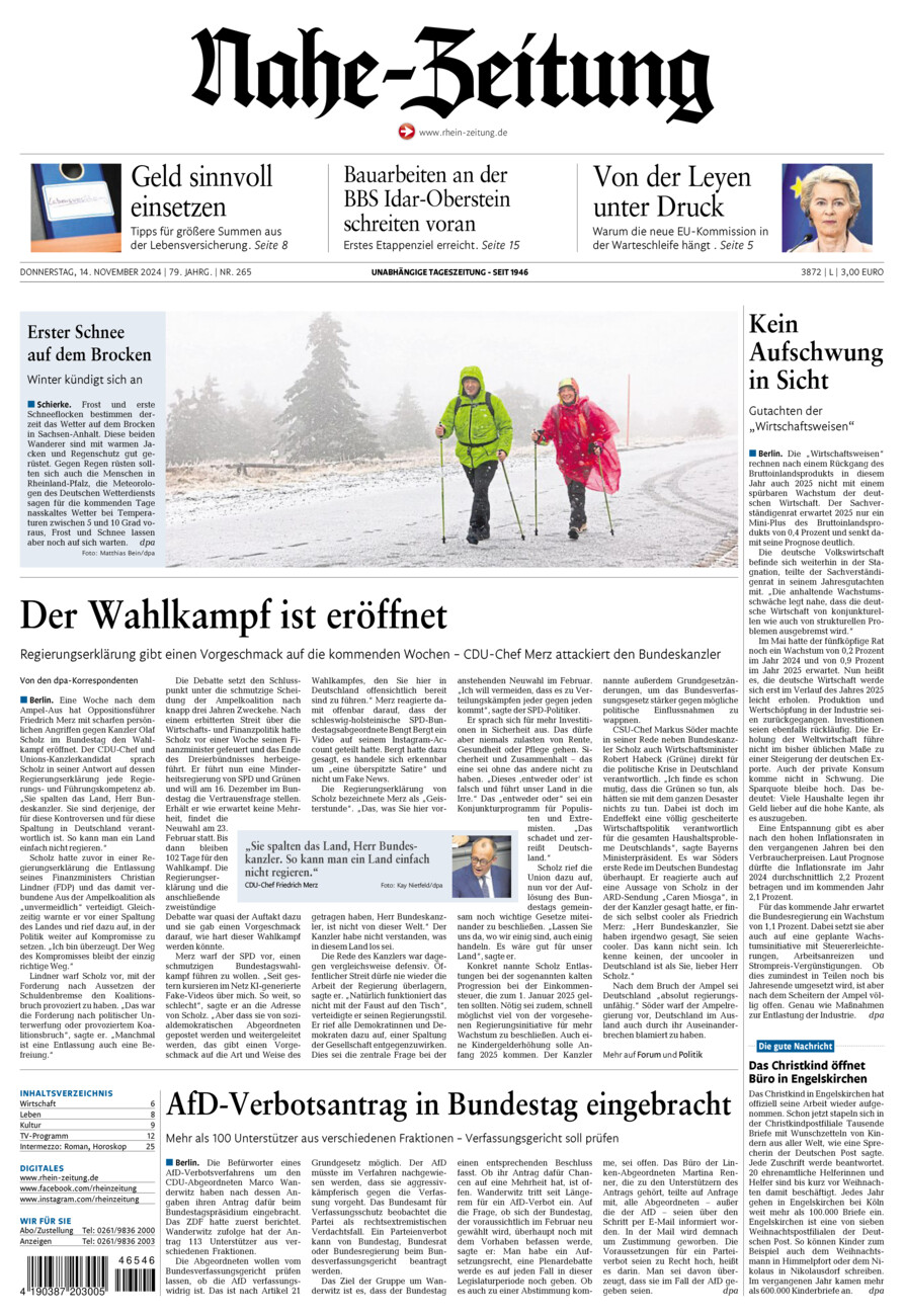 Nahe-Zeitung vom Donnerstag, 14.11.2024