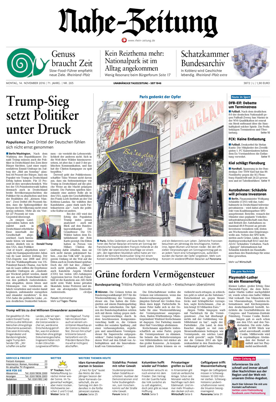 Nahe-Zeitung vom Montag, 14.11.2016