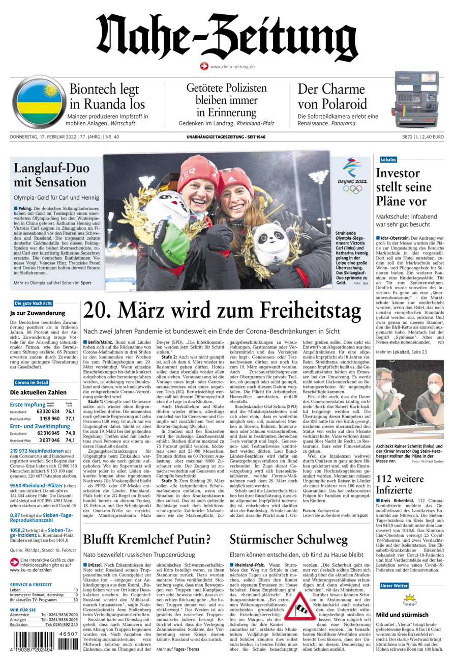 Nahe-Zeitung vom Donnerstag, 17.02.2022