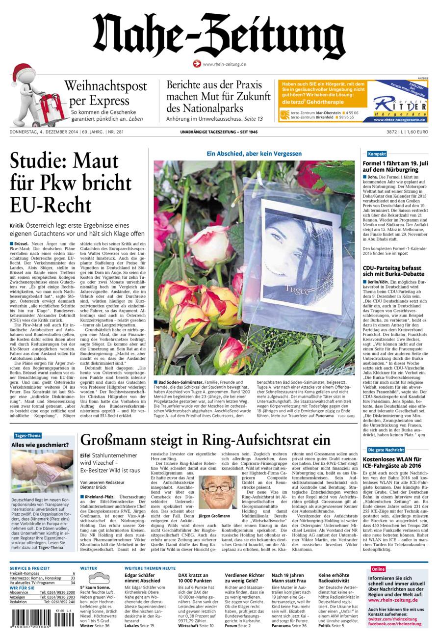 Nahe-Zeitung vom Donnerstag, 04.12.2014