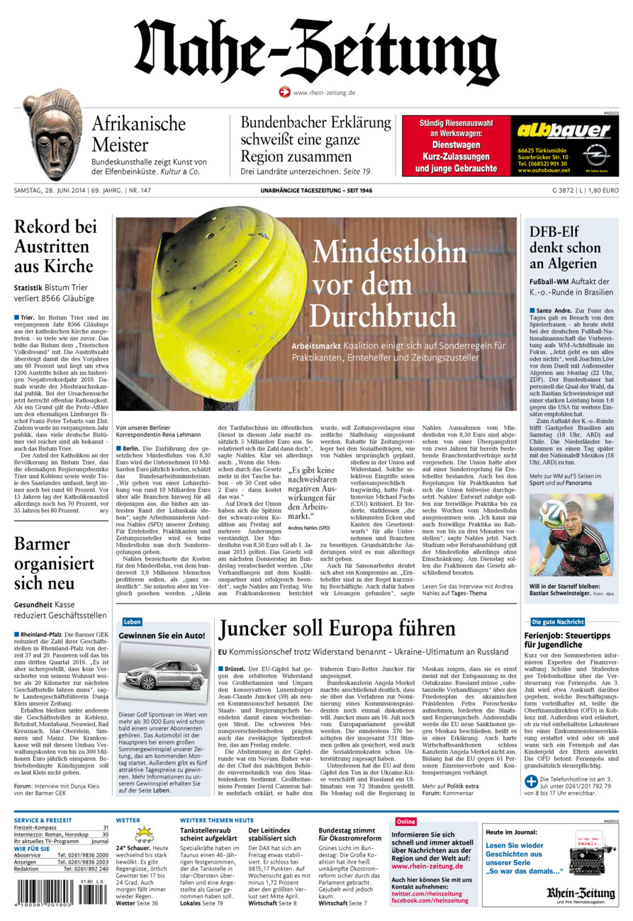 Nahe-Zeitung vom Samstag, 28.06.2014