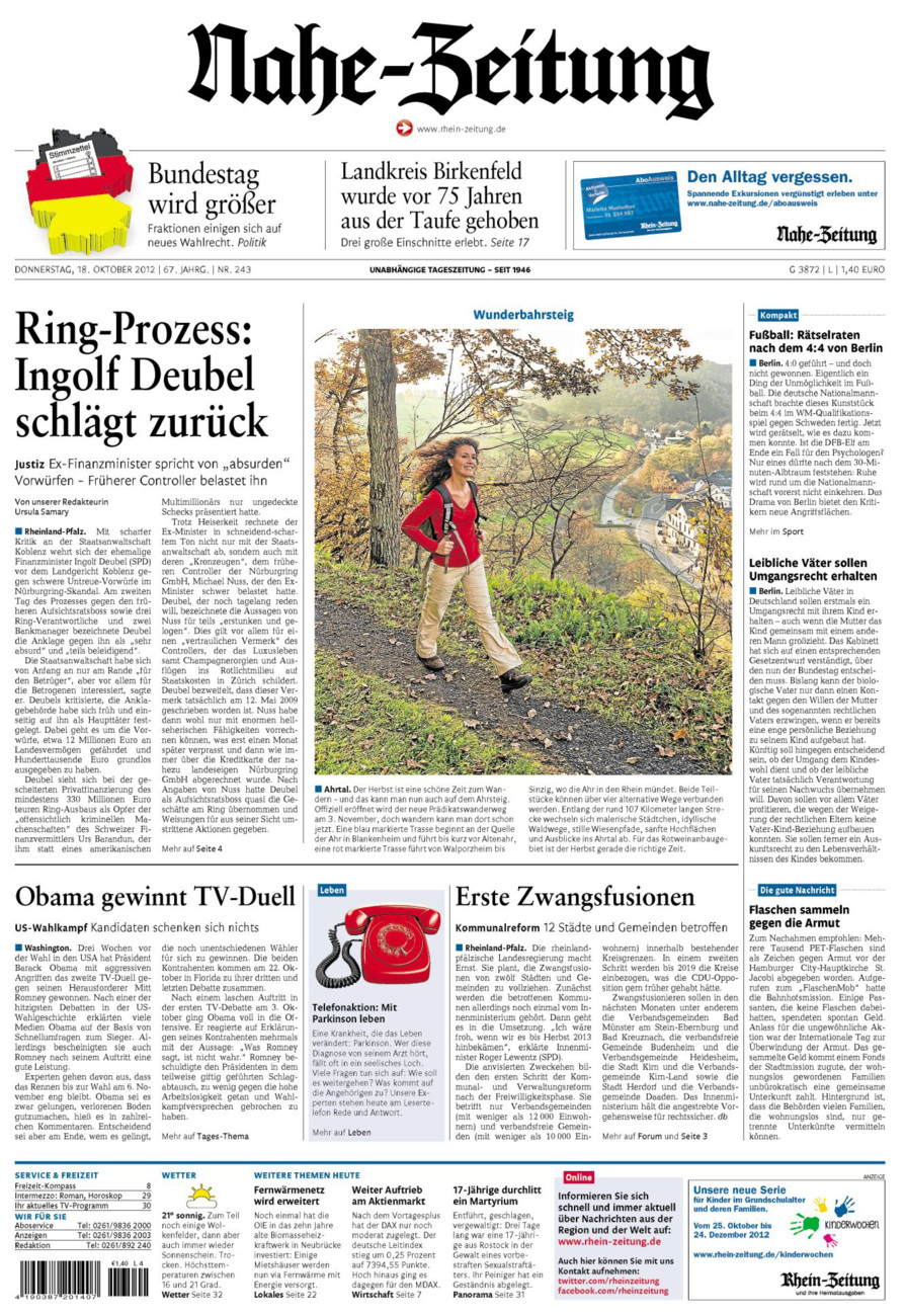 Nahe-Zeitung vom Donnerstag, 18.10.2012