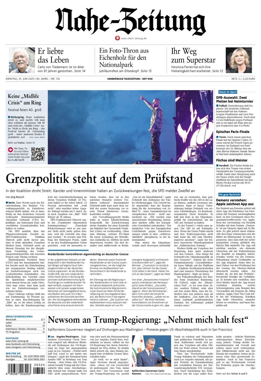 Nahe-Zeitung vom Dienstag, 10.06.2025