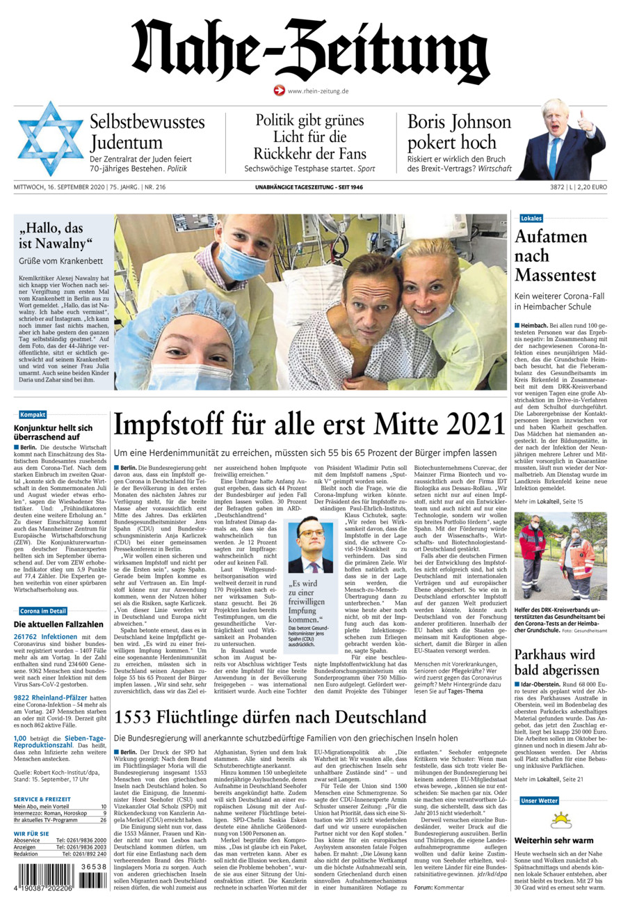 Nahe-Zeitung vom Mittwoch, 16.09.2020