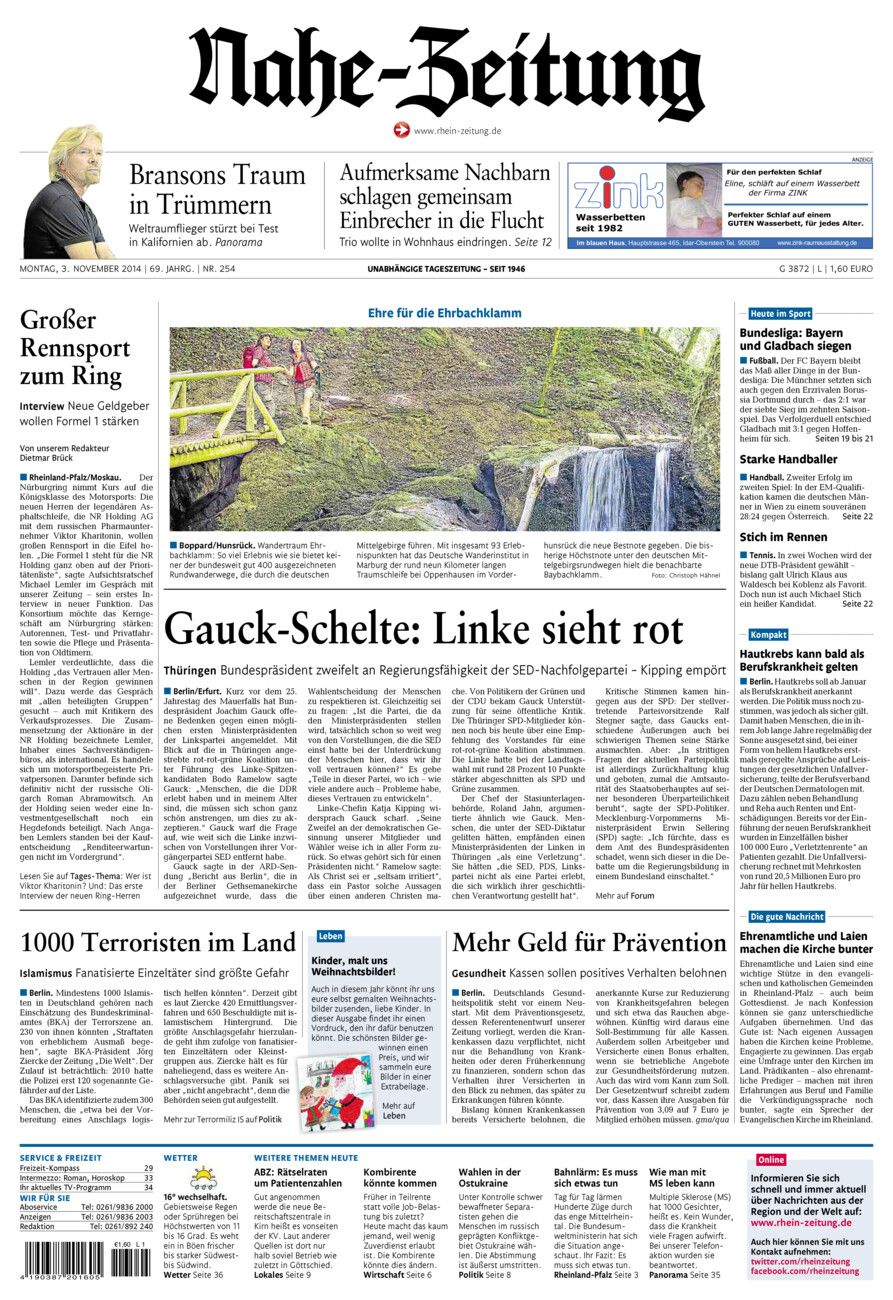 Nahe-Zeitung vom Montag, 03.11.2014