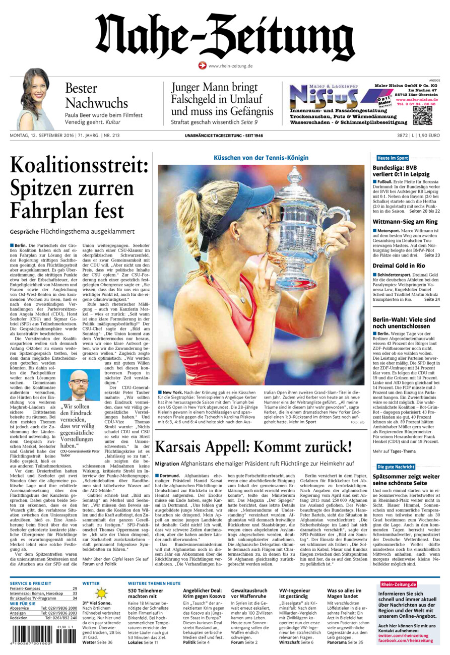 Nahe-Zeitung vom Montag, 12.09.2016