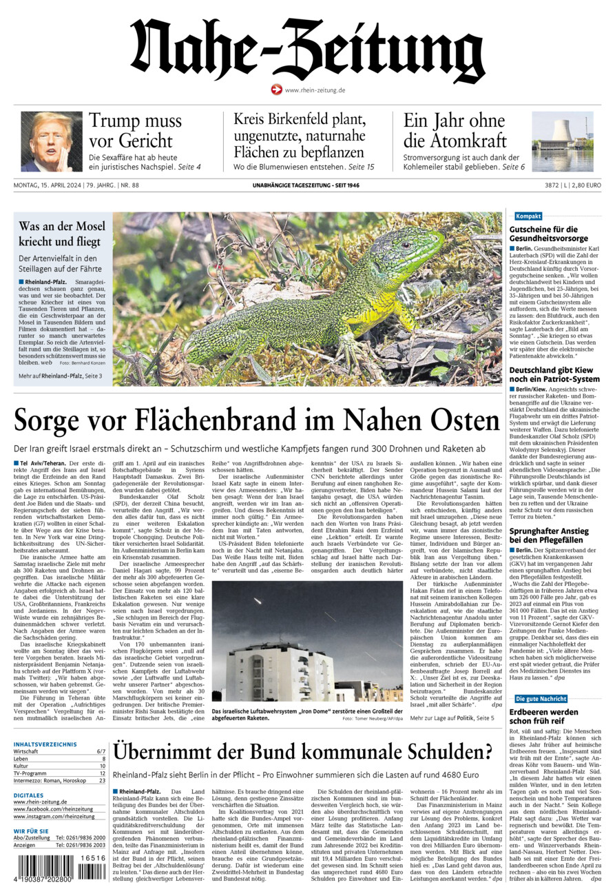 Nahe-Zeitung vom Montag, 15.04.2024