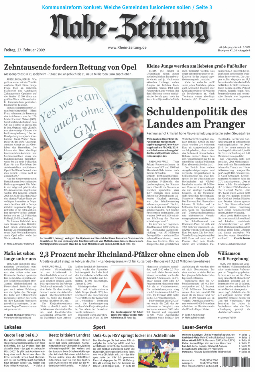 Nahe-Zeitung vom Freitag, 27.02.2009